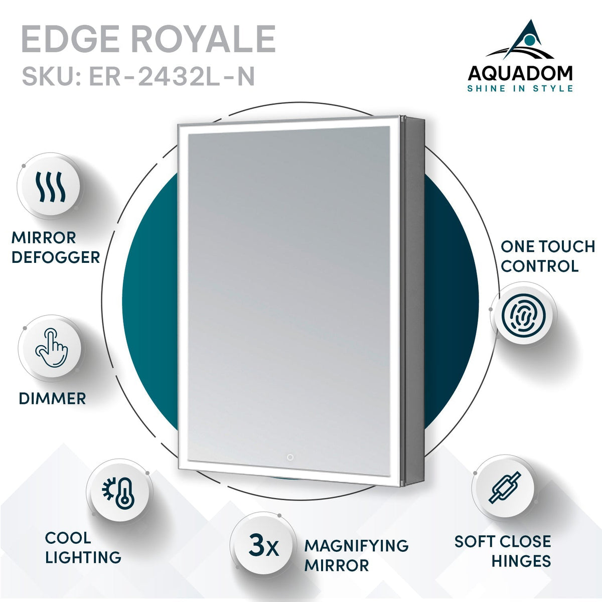 Aquadom Edge Royale 24" x 32" Left Hinged Medicine Cabinet With Lighting, Defogger, Integrated LED 3X Magnifying Mirror, 8mm Clear Adjustable Glass Shelves and Electrical Outlet With USB - ER-2432L-N