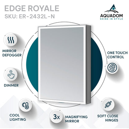 Aquadom Edge Royale 24" x 32" Left Hinged Medicine Cabinet With Lighting, Defogger, Integrated LED 3X Magnifying Mirror, 8mm Clear Adjustable Glass Shelves and Electrical Outlet With USB - ER-2432L-N
