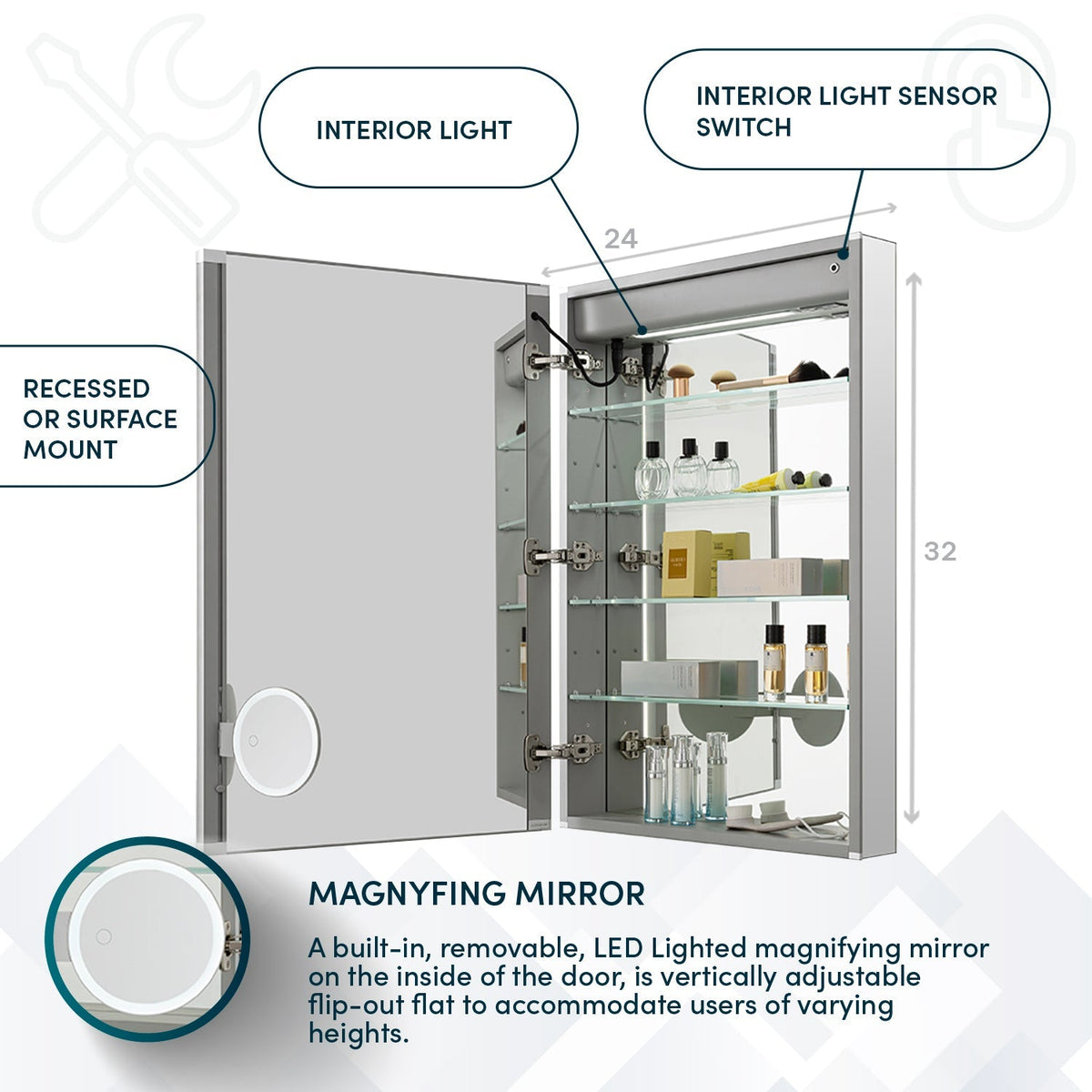 Aquadom Edge Royale 24" x 32" Left Hinged Medicine Cabinet With Lighting, Defogger, Integrated LED 3X Magnifying Mirror, 8mm Clear Adjustable Glass Shelves and Electrical Outlet With USB - ER-2432L-N
