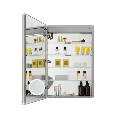 Aquadom Edge Royale 24" x 32" Left Hinged Medicine Cabinet With Lighting, Defogger, Integrated LED 3X Magnifying Mirror, 8mm Clear Adjustable Glass Shelves and Electrical Outlet With USB - ER-2432L-N