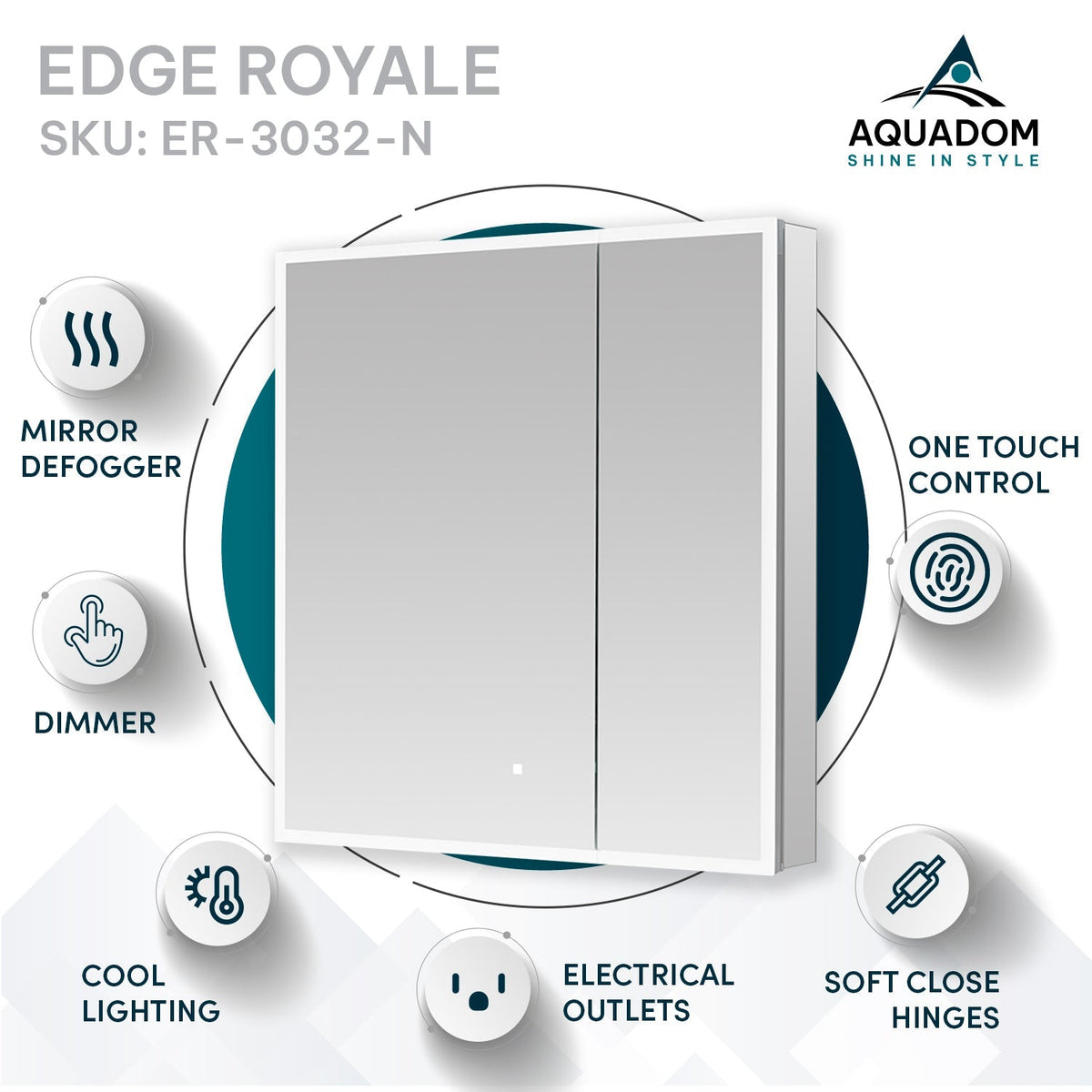 Aquadom Edge Royale 30" x 32" LED Lighted Medicine Cabinet With Defogger, Integrated LED 3X Magnifying Mirror, 8mm Clear Adjustable Glass Shelves and Electrical Outlet With USB - ER-3032-N