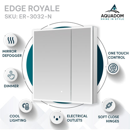 Aquadom Edge Royale 30" x 32" LED Lighted Medicine Cabinet With Defogger, Integrated LED 3X Magnifying Mirror, 8mm Clear Adjustable Glass Shelves and Electrical Outlet With USB - ER-3032-N