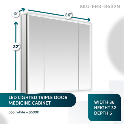 Aquadom Edge Royale 36" x 32" Triple-Door LED Lighted Medicine Cabinet With Defogger, Integrated LED 3X Magnifying Mirror, 8mm Clear Adjustable Glass Shelves and Electrical Outlet With USB - ER3-3632-N