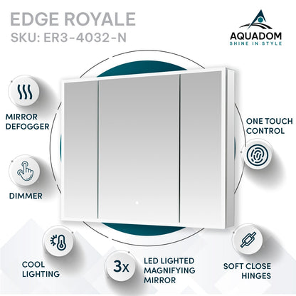 Aquadom Edge Royale 40" x 32" Triple-Door LED Lighted Medicine Cabinet With Defogger, Integrated LED 3X Magnifying Mirror, 8mm Clear Adjustable Glass Shelves and Electrical Outlet With USB - ER3-4032-N