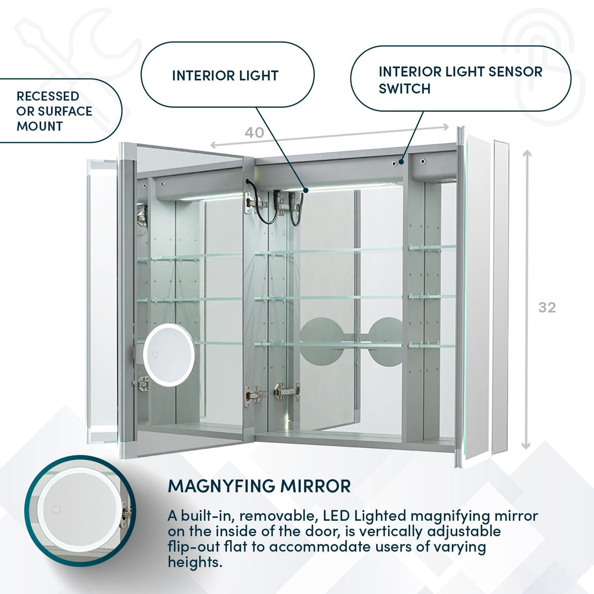 Aquadom Edge Royale 40" x 32" Triple-Door LED Lighted Medicine Cabinet With Defogger, Integrated LED 3X Magnifying Mirror, 8mm Clear Adjustable Glass Shelves and Electrical Outlet With USB - ER3-4032-N
