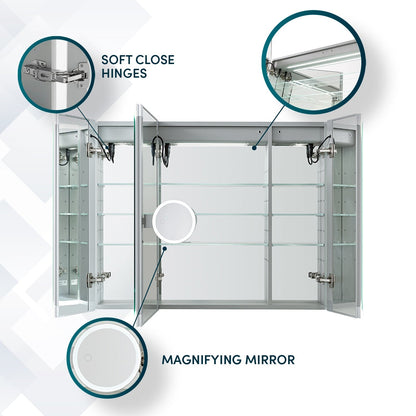 Aquadom Edge Royale 40" x 32" Triple-Door LED Lighted Medicine Cabinet With Defogger, Integrated LED 3X Magnifying Mirror, 8mm Clear Adjustable Glass Shelves and Electrical Outlet With USB - ER3-4032-N