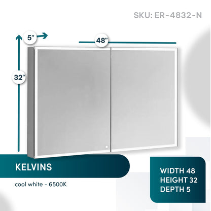 Aquadom Edge Royale 48" x 32" LED Lighted Medicine Cabinet With Defogger, Integrated LED 3X Magnifying Mirror, 8mm Clear Adjustable Glass Shelves and Electrical Outlet With USB - ER-4832-N