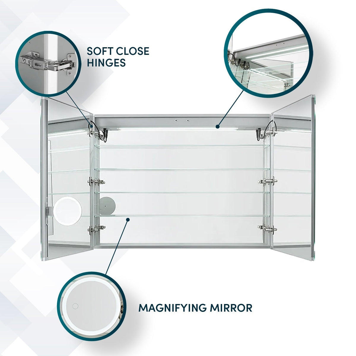 Aquadom Edge Royale 48" x 32" LED Lighted Medicine Cabinet With Defogger, Integrated LED 3X Magnifying Mirror, 8mm Clear Adjustable Glass Shelves and Electrical Outlet With USB - ER-4832-N