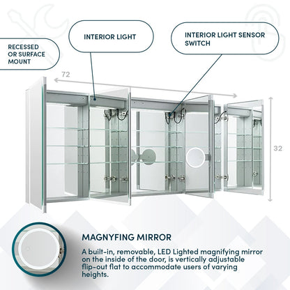 Aquadom Edge Royale 72" x 32" LED Lighted Medicine Cabinet With Defogger, Integrated LED 3X Magnifying Mirror, 8mm Clear Adjustable Glass Shelves and Electrical Outlet With USB - ER4-7232-N