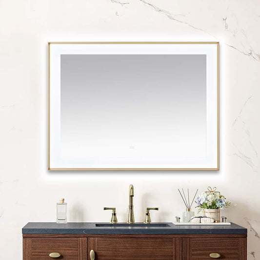 Aquadom Lexington 48" x 36" Brushed Gold Slim LED Lighted Mirror With Defogger, 3-Color Lighting, Wall-Mount Vertical or Horizontal Installation - LEX-4836.BG