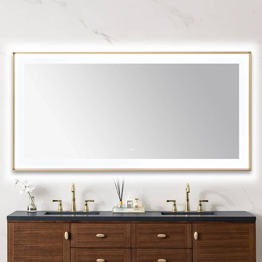 Aquadom Lexington 72" x 36" Brushed Gold Slim LED Lighted Mirror With Defogger, 3-Color Lighting, Wall-Mount Vertical or Horizontal Installation - LEX-7236.BG