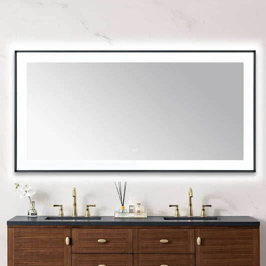 Aquadom Lexington 72" x 36" Matte Black Slim LED Lighted Mirror With Defogger, 3-Color Lighting, Wall-Mount Vertical or Horizontal Installation