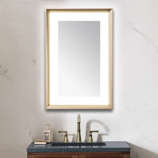 Aquadom Madison 24" x 36" Brushed Gold LED Lighted Chamfer Frame Mirror With Defogger, 3-Color Lighting, Wall-Mount Vertical or Horizontal Installation - MAD-2436.BG