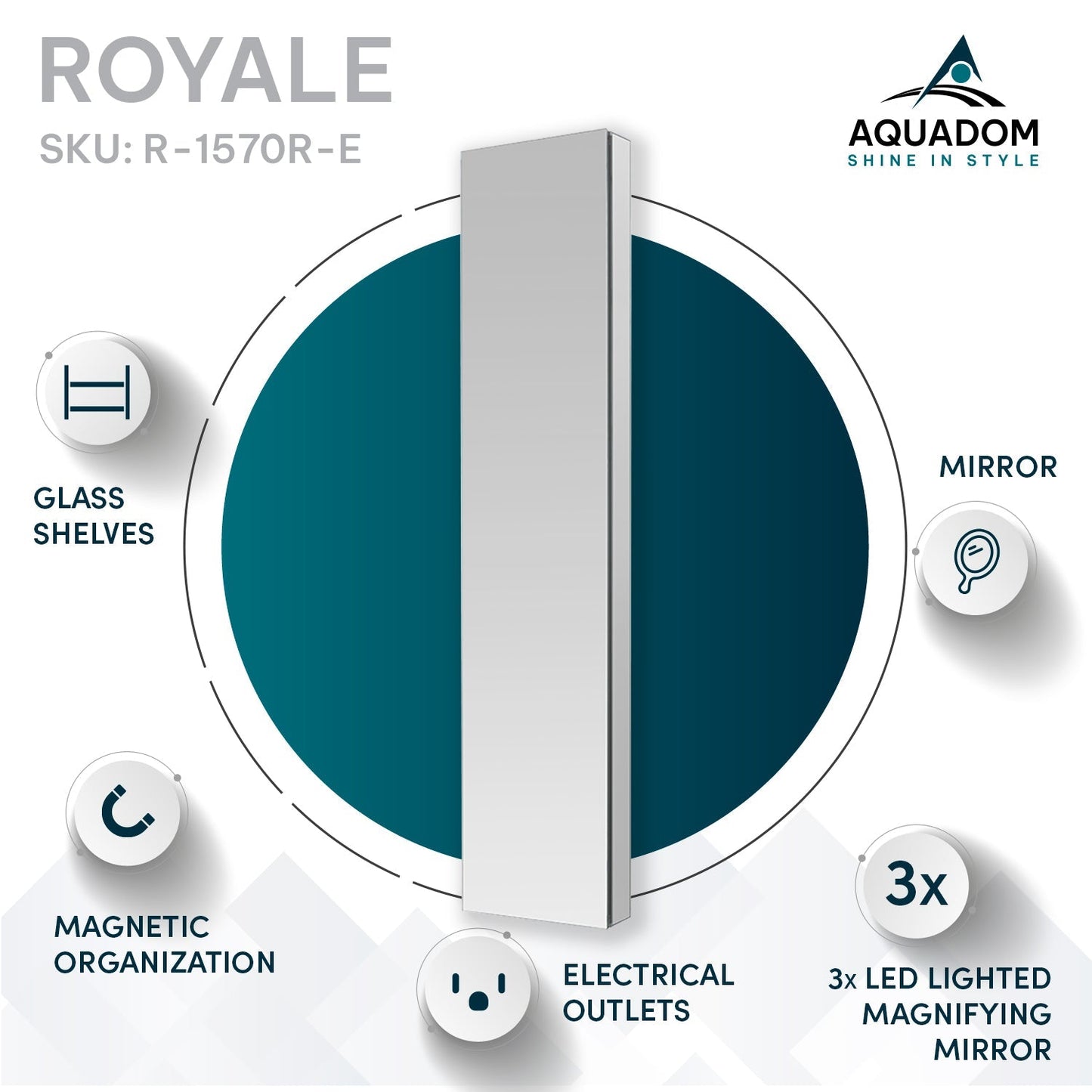 Aquadom Royale 15" x 70" Rectangular Right-Hinged Recessed or Surface Mount Medicine Cabinet With LED Lighting, Touch Screen Button, Defogger - R-1570R-E