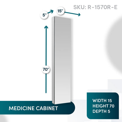 Aquadom Royale 15" x 70" Rectangular Right-Hinged Recessed or Surface Mount Medicine Cabinet With LED Lighting, Touch Screen Button, Defogger - R-1570R-E