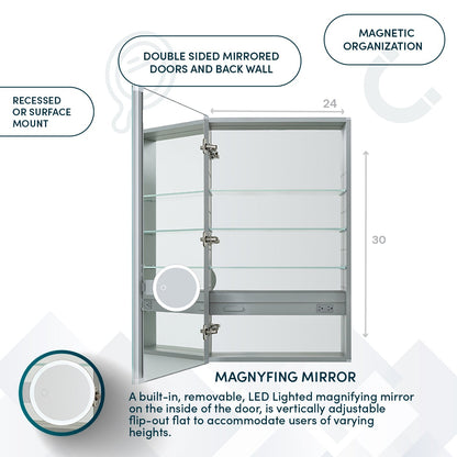 Aquadom Royale 24" x 30" Rectangular Left-Hinged Recessed or Surface Mount Medicine Cabinet With LED Lighting, Touch Screen Button, Defogger - R-2430L-E