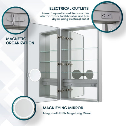 Aquadom Royale 24" x 30" Rectangular Left-Hinged Recessed or Surface Mount Medicine Cabinet With LED Lighting, Touch Screen Button, Defogger - R-2430L-E