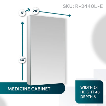 Aquadom Royale 24" x 40" Rectangular Left-Hinged Recessed or Surface Mount Medicine Cabinet With LED Lighting, Touch Screen Button, Defogger - R-2440L-E
