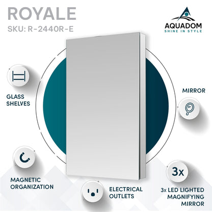 Aquadom Royale 24" x 40" Rectangular Right-Hinged Recessed or Surface Mount Medicine Cabinet With LED Lighting, Touch Screen Button, Defogger - R-2440R-E