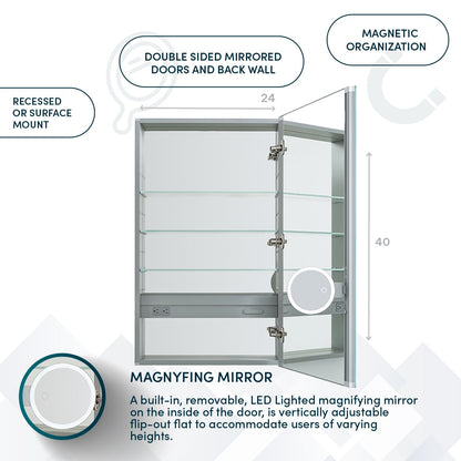 Aquadom Royale 24" x 40" Rectangular Right-Hinged Recessed or Surface Mount Medicine Cabinet With LED Lighting, Touch Screen Button, Defogger - R-2440R-E