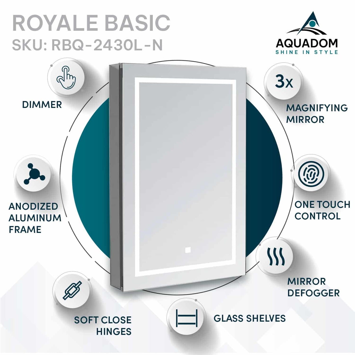 Aquadom Royale Basic Q 24" x 30" Rectangular Single View Left-Hinged Recessed or Surface Mount Medicine Cabinet With LED Lighting, Touch Screen Button, Dimmer - RBQ-2430L-N