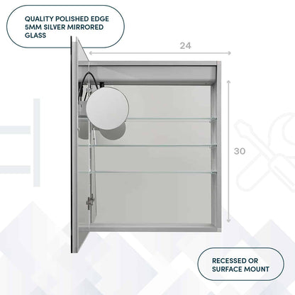 Aquadom Royale Basic Q 24" x 30" Rectangular Single View Left-Hinged Recessed or Surface Mount Medicine Cabinet With LED Lighting, Touch Screen Button, Dimmer - RBQ-2430L-N