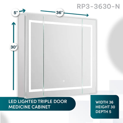 Aquadom Royale Plus 36" x 30" LED Lighted Medicine Cabinet With Defogger, Integrated LED 3X Magnifying Mirror and Electrical Outlet With USB - RP3-3630-N