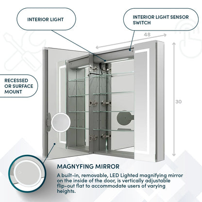 Aquadom Royale Plus 48" x 30" LED Lighted Medicine Cabinet With Defogger, Integrated LED 3X Magnifying Mirror and Electrical Outlet With USB - RP3-4830-N