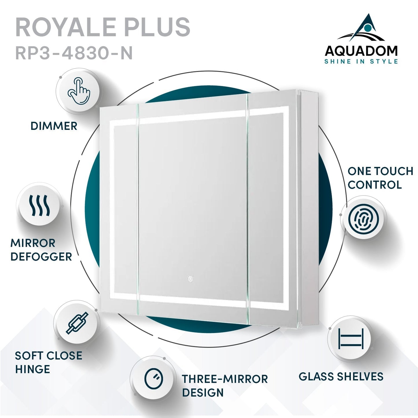 Aquadom Royale Plus 48" x 30" LED Lighted Medicine Cabinet With Defogger, Integrated LED 3X Magnifying Mirror and Electrical Outlet With USB - RP3-4830-N