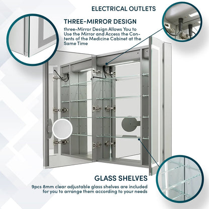 Aquadom Royale Plus 48" x 30" LED Lighted Medicine Cabinet With Defogger, Integrated LED 3X Magnifying Mirror and Electrical Outlet With USB - RP3-4830-N