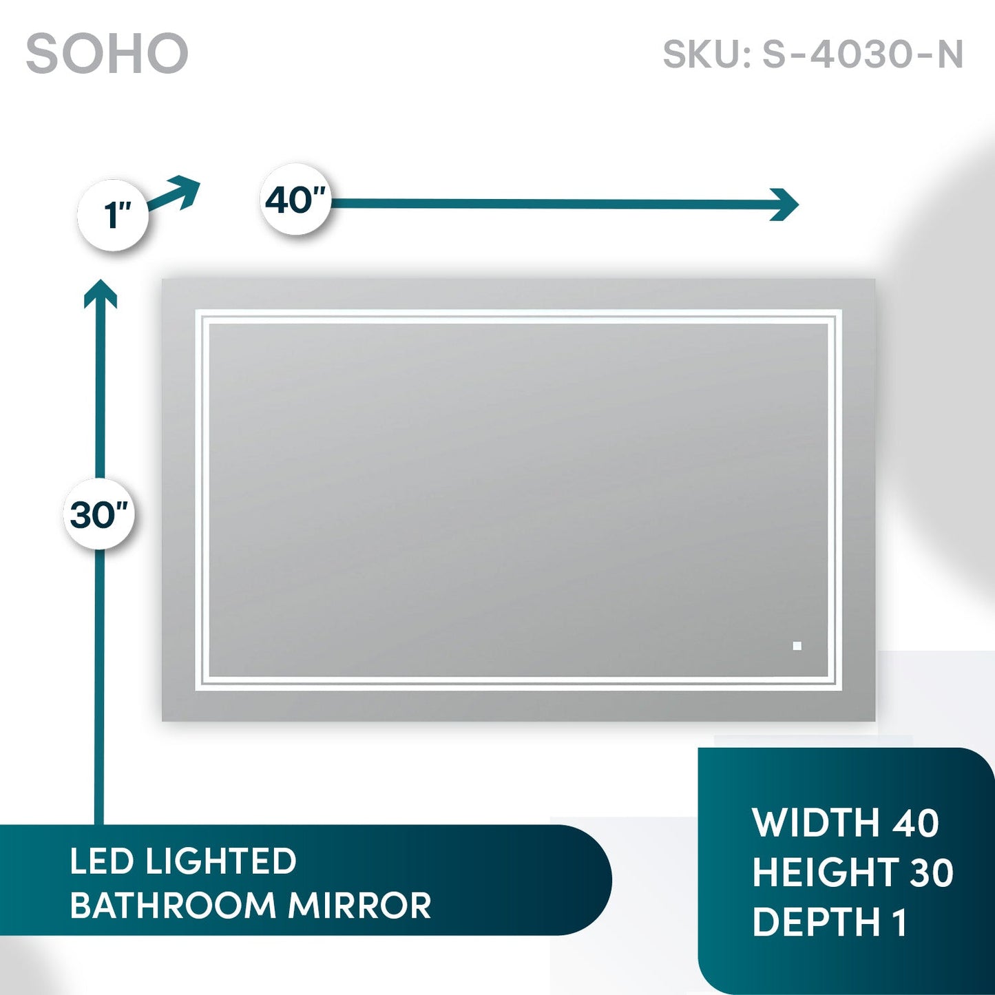 Aquadom SOHO 40" x 30" Rectangle Ultra-Slim Frame LED Lighted Bathroom Mirror With Defogger - S-4030-N