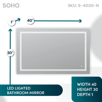 Aquadom SOHO 40" x 30" Rectangle Ultra-Slim Frame LED Lighted Bathroom Mirror With Defogger - S-4030-N