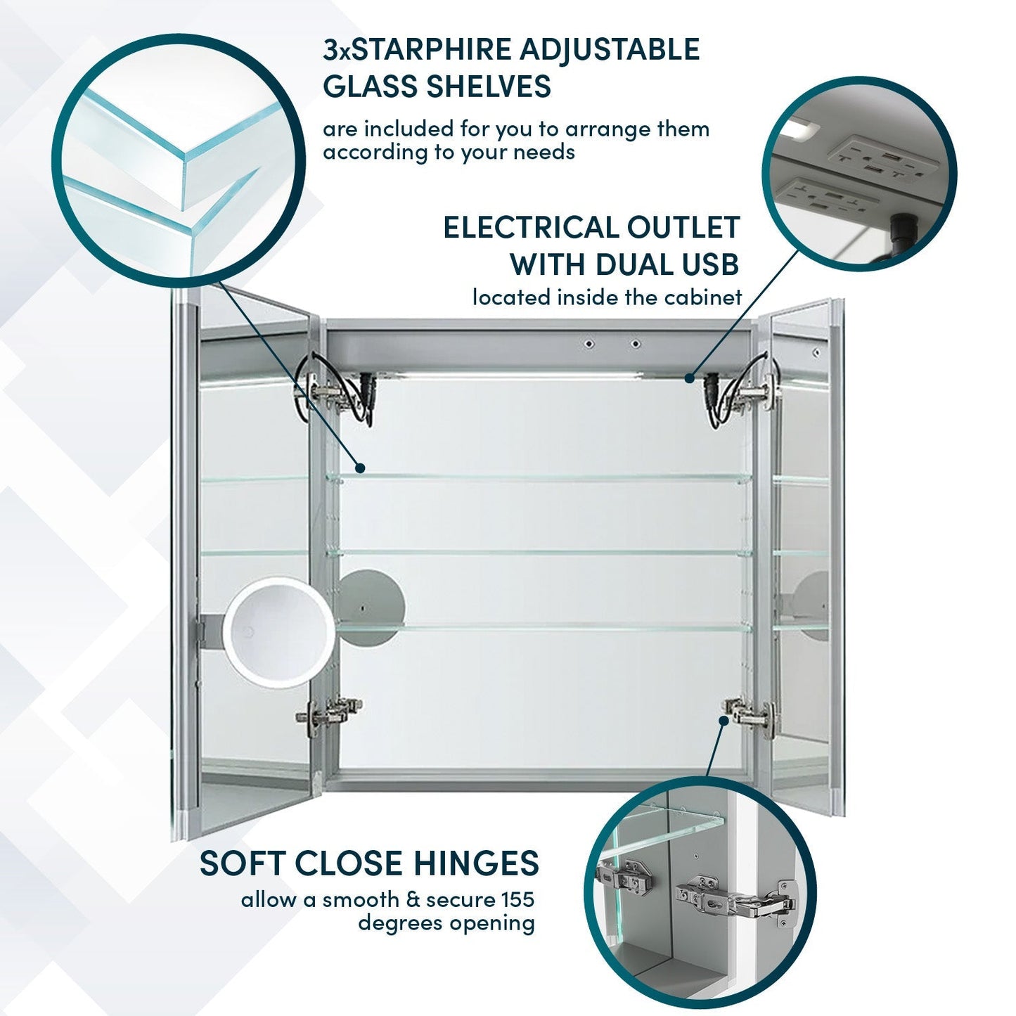 Aquadom Signature Royale 30" x 36" Rectangle Medicine Cabinet With Lighting, Defogger, Integrated LED 3X Magnifying Mirror And Electrical Outlet with USB - SR-3036-N