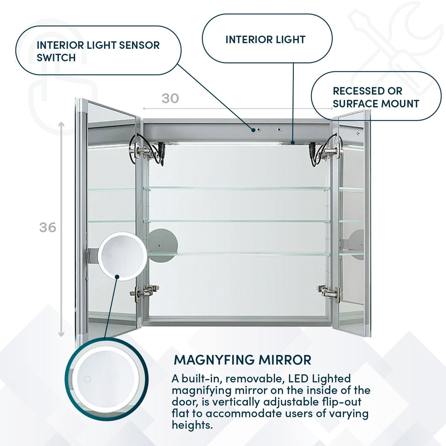 Aquadom Signature Royale 30" x 36" Rectangle Medicine Cabinet With Lighting, Defogger, Integrated LED 3X Magnifying Mirror And Electrical Outlet with USB - SR-3036-N