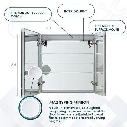 Aquadom Signature Royale 30" x 36" Rectangle Medicine Cabinet With Lighting, Defogger, Integrated LED 3X Magnifying Mirror And Electrical Outlet with USB - SR-3036-N