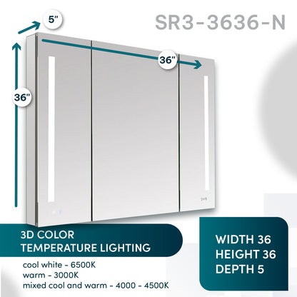 Aquadom Signature Royale 36" x 36" Triple-Door LED Lighted Medicine Cabinet With Defogger, Integrated LED 3X Magnifying Mirror and Electrical Outlet With USB - SR3-3636-N