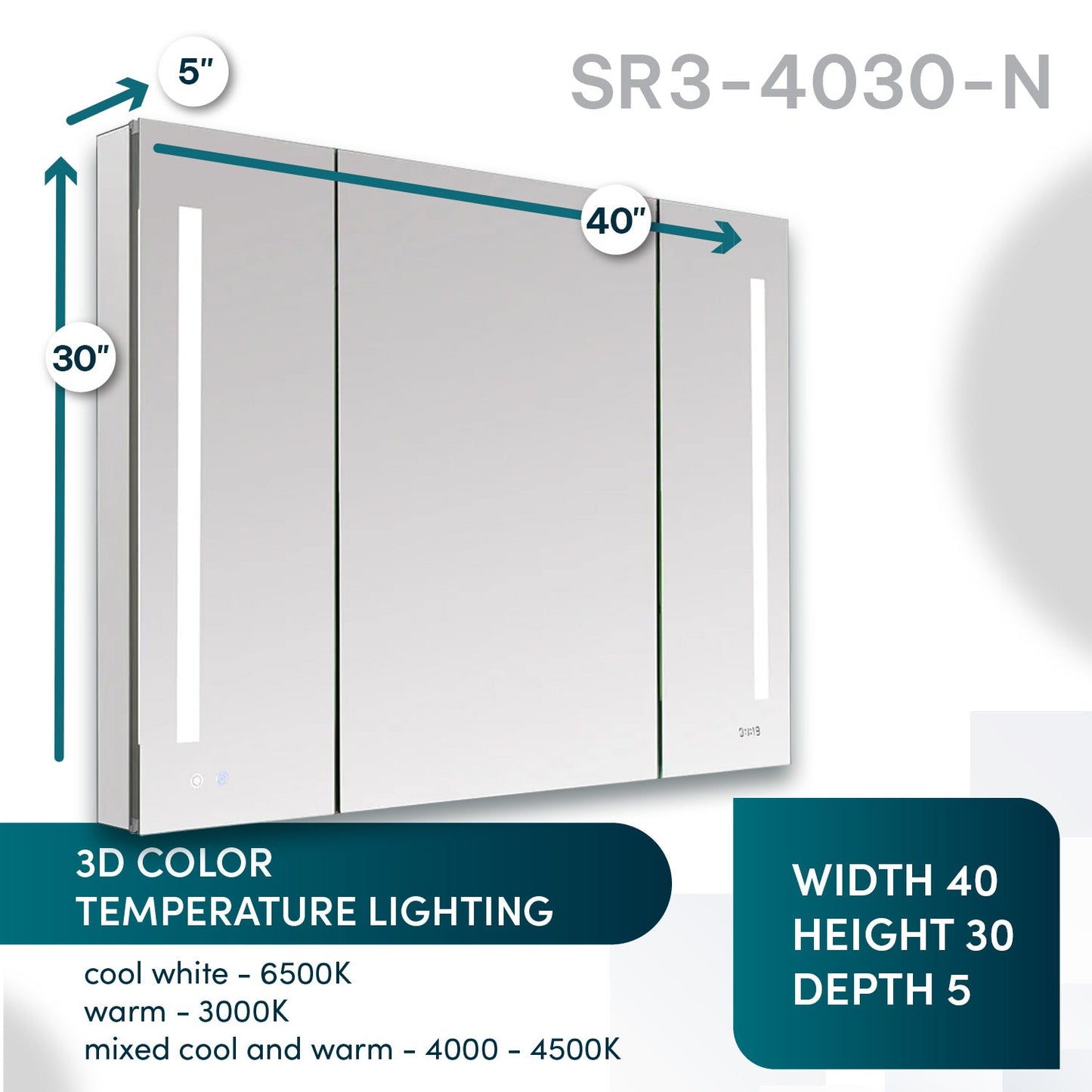 Aquadom Signature Royale 40" x 30" Triple-Door LED Lighted Medicine Cabinet With Defogger, Integrated LED 3X Magnifying Mirror and Electrical Outlet With USB - SR3-4030-N