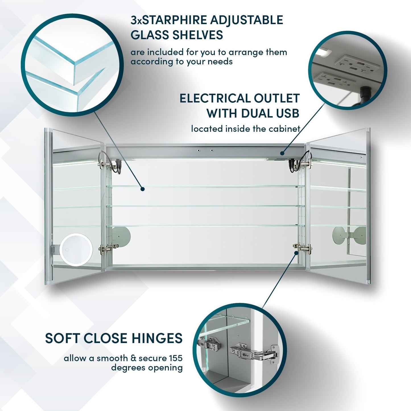 Aquadom Signature Royale 48" x 36" LED Lighted Medicine Cabinet With Defogger, Integrated LED 3X Magnifying Mirror and Electrical Outlet With USB - SR-4836-N