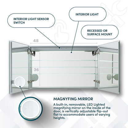 Aquadom Signature Royale 48" x 36" LED Lighted Medicine Cabinet With Defogger, Integrated LED 3X Magnifying Mirror and Electrical Outlet With USB - SR-4836-N