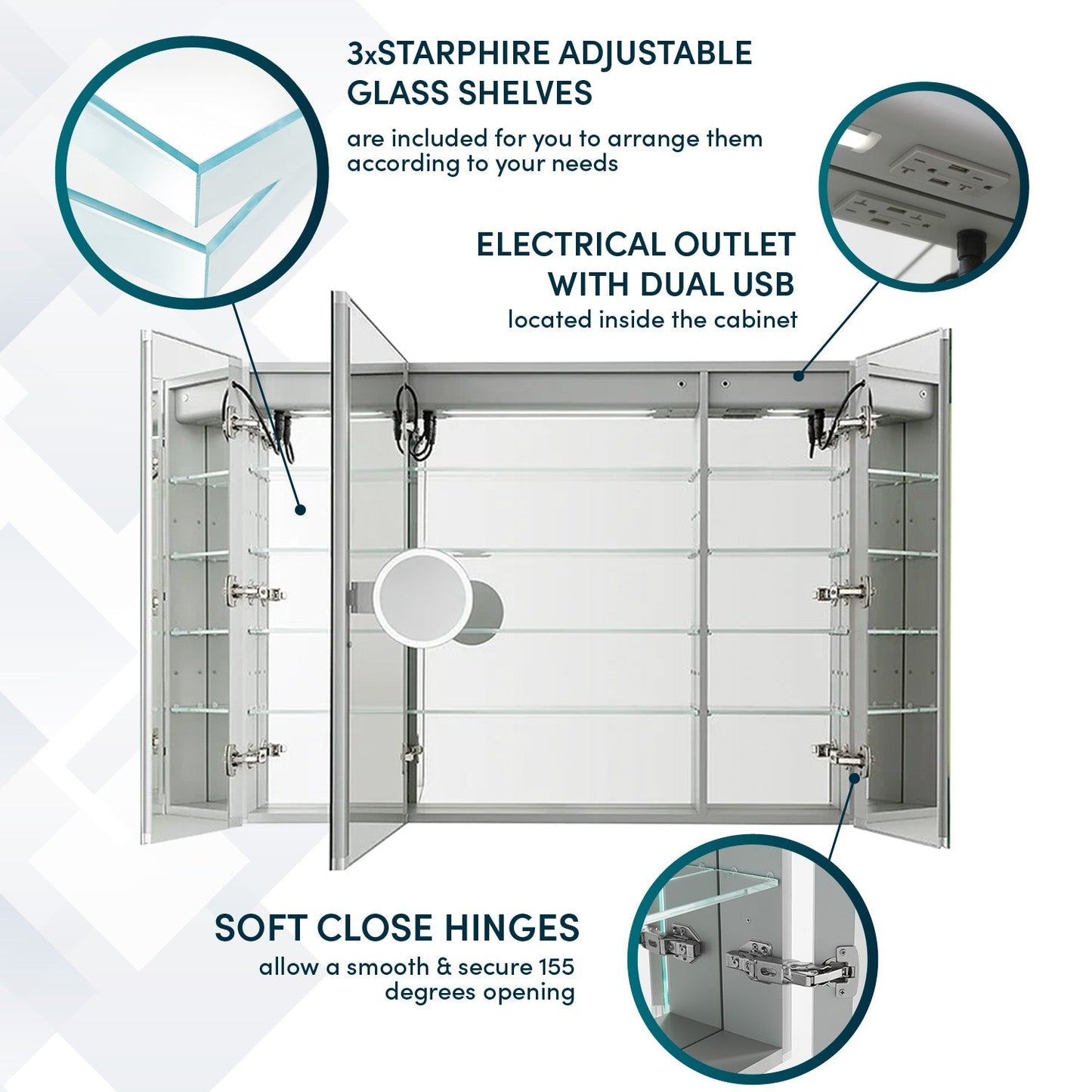 Aquadom Signature Royale 48" x 36" Triple-Door LED Lighted Medicine Cabinet With Defogger, Integrated LED 3X Magnifying Mirror and Electrical Outlet With USB - SR3-4836-N