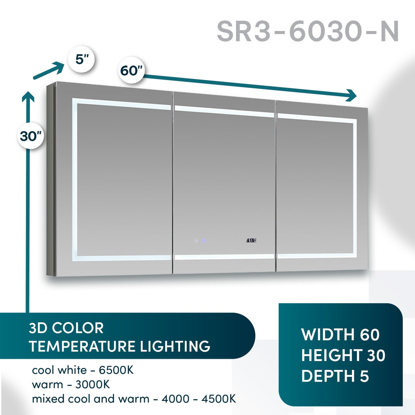 Aquadom Signature Royale 60" x 30" LED Lighted Medicine Cabinet With Defogger, Integrated LED 3X Magnifying Mirror and Electrical Outlet With USB - SR3-6030-N