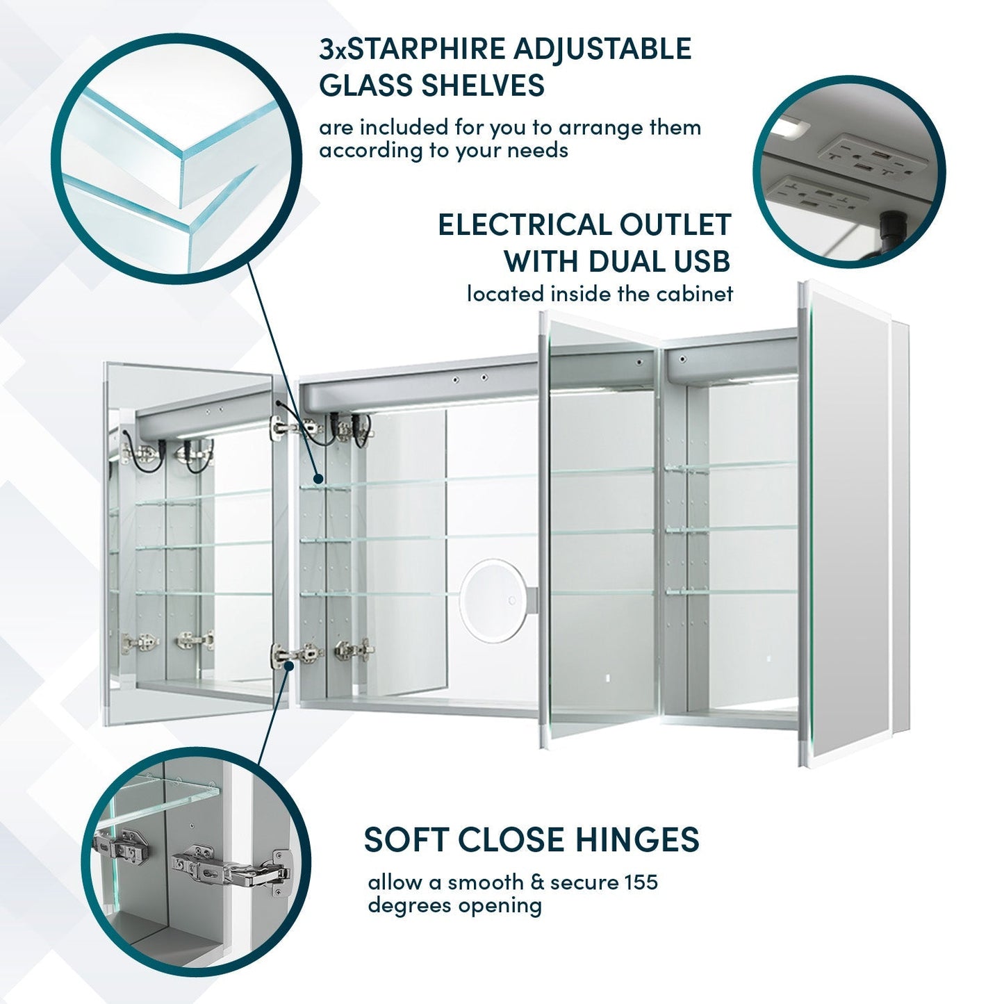 Aquadom Signature Royale 60" x 30" LED Lighted Medicine Cabinet With Defogger, Integrated LED 3X Magnifying Mirror and Electrical Outlet With USB - SR3-6030-N