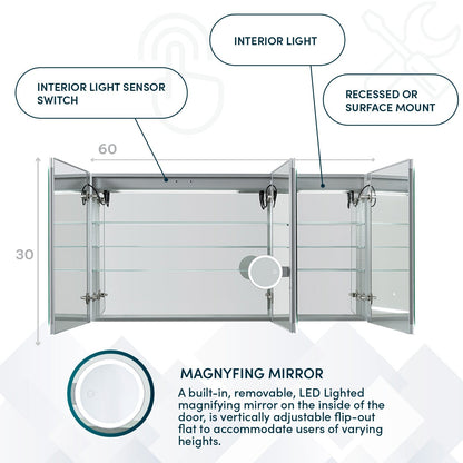 Aquadom Signature Royale 60" x 30" LED Lighted Medicine Cabinet With Defogger, Integrated LED 3X Magnifying Mirror and Electrical Outlet With USB - SR3-6030-N