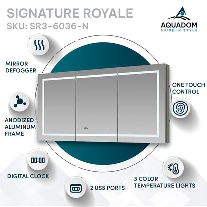 Aquadom Signature Royale 60" x 36" Triple-Door LED Lighted Medicine Cabinet With Defogger, Integrated LED 3X Magnifying Mirror and Electrical Outlet With USB - SR3-6036-N