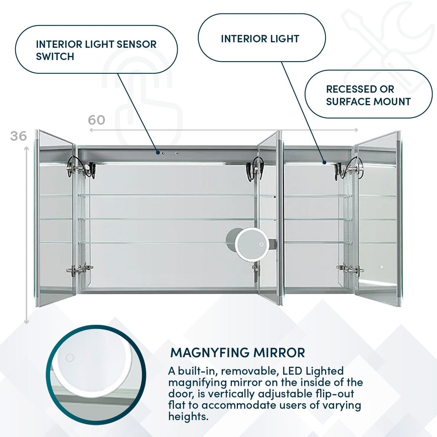 Aquadom Signature Royale 60" x 36" Triple-Door LED Lighted Medicine Cabinet With Defogger, Integrated LED 3X Magnifying Mirror and Electrical Outlet With USB - SR3-6036-N