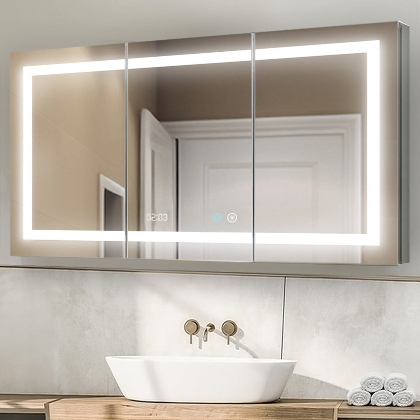 Aquadom Signature Royale 60" x 36" Triple-Door LED Lighted Medicine Cabinet With Defogger, Integrated LED 3X Magnifying Mirror and Electrical Outlet With USB - SR3-6036-N