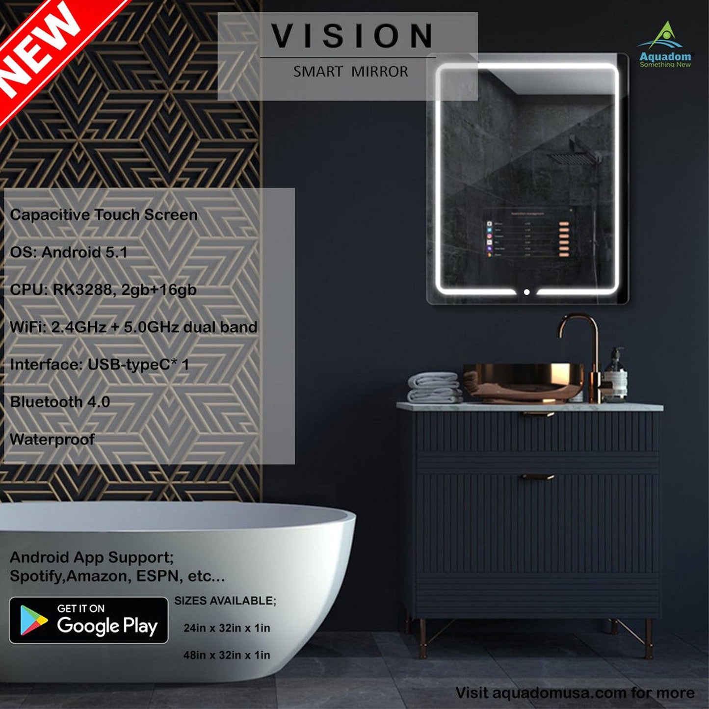 Aquadom Vision 48" x 32" Smart LED Lighted Bathroom Mirror With Built-in TV and Defogger - V-4832
