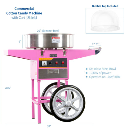 VIVO Electric Commercial Cotton Machine with Cart and Bubble Shield - CANDY-KIT-2