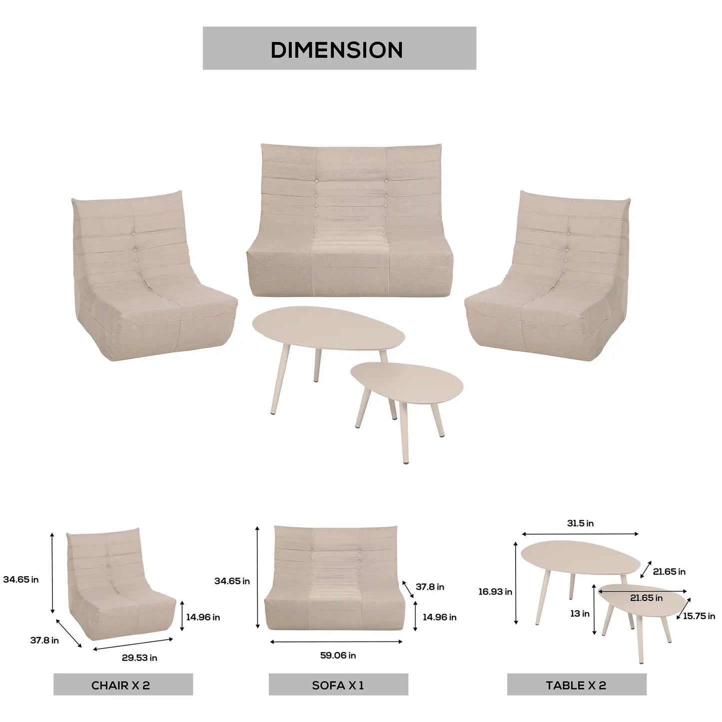 Deko Living 5 Piece Beige Compressed Foam Loveseat Sofa Chairs and Table Set  - CIF50219