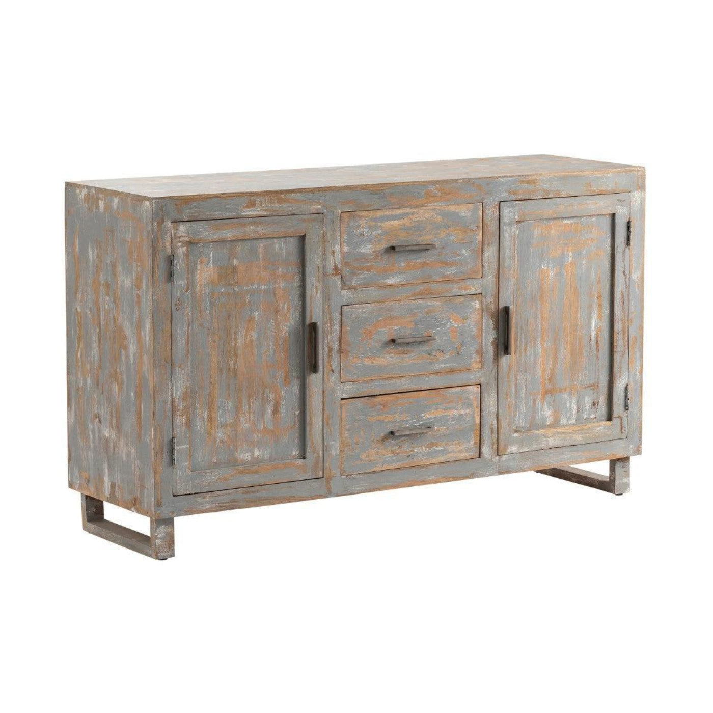 Crestview Collection Bengal Manor 60" x 18" x 36" 2-Door 3-Drawer Rustic Mango Wood Sideboard In Heavily Distressed Gray Finish  - CVFNR658